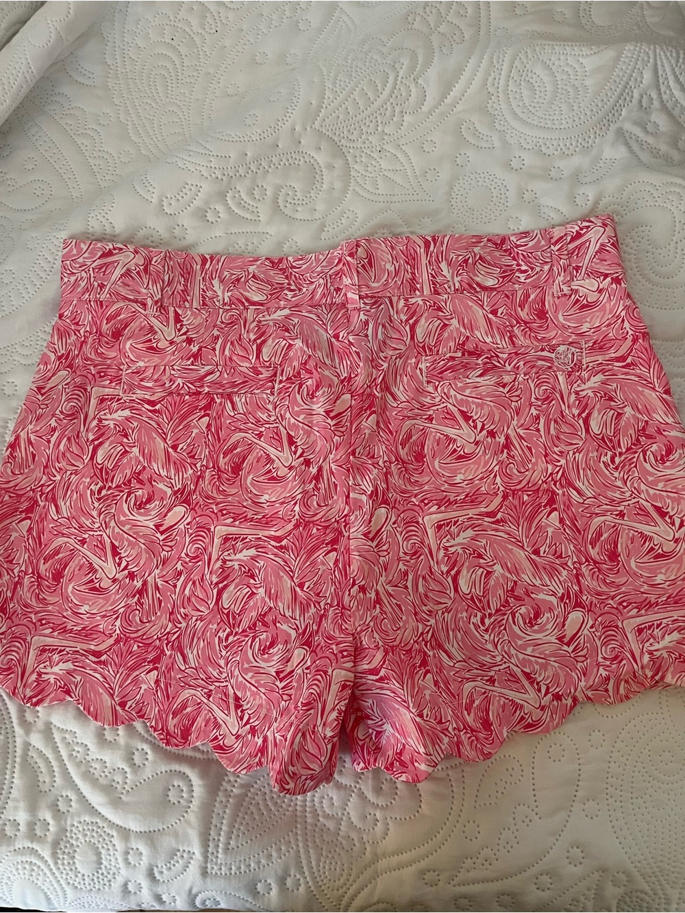 Lauren James Pink Marble-Print Scallop-Hem High-Waist Shorts M - Picture 6 of 9
